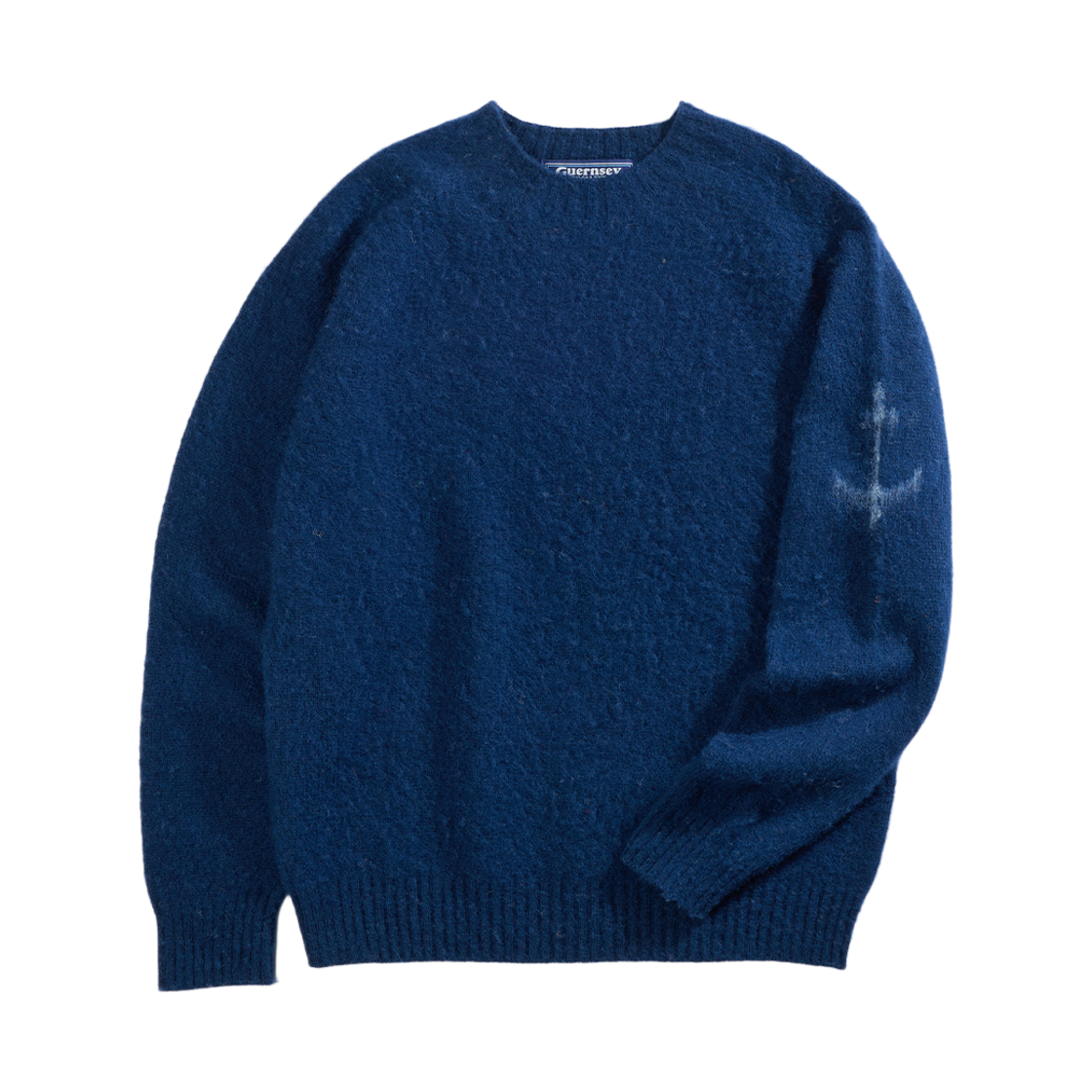 GW2DKN13-db Guernsey Woollens Shetland Wool Shaggy Dog Wholegarment Sweater Deep Blue