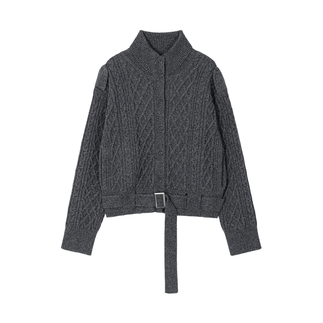 (W) 트리밍버드 벨티드 버튼 피셔맨 니트 자켓 차콜((W) Treemingbird Belted Button Fisherman Knit Jacket Charcoal)