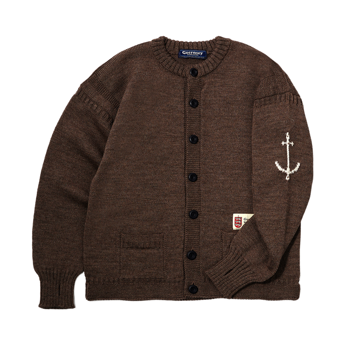gwtr4301-db Guernsey Woollens Fisherman Wholegarment Cardigan Dark Brown