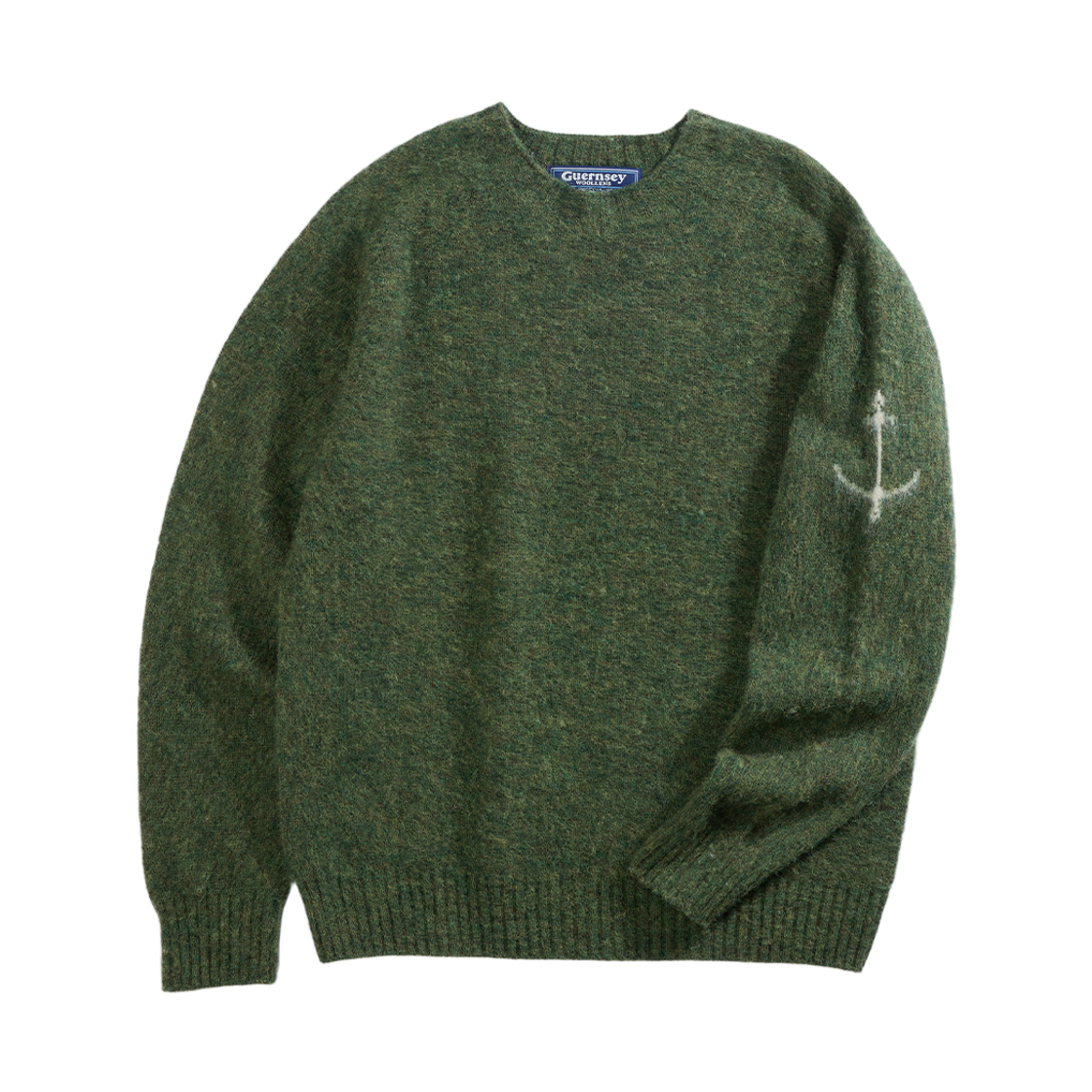 GW2DKN13-og Guernsey Woollens Shetland Wool Shaggy Dog Wholegarment Sweater Kale