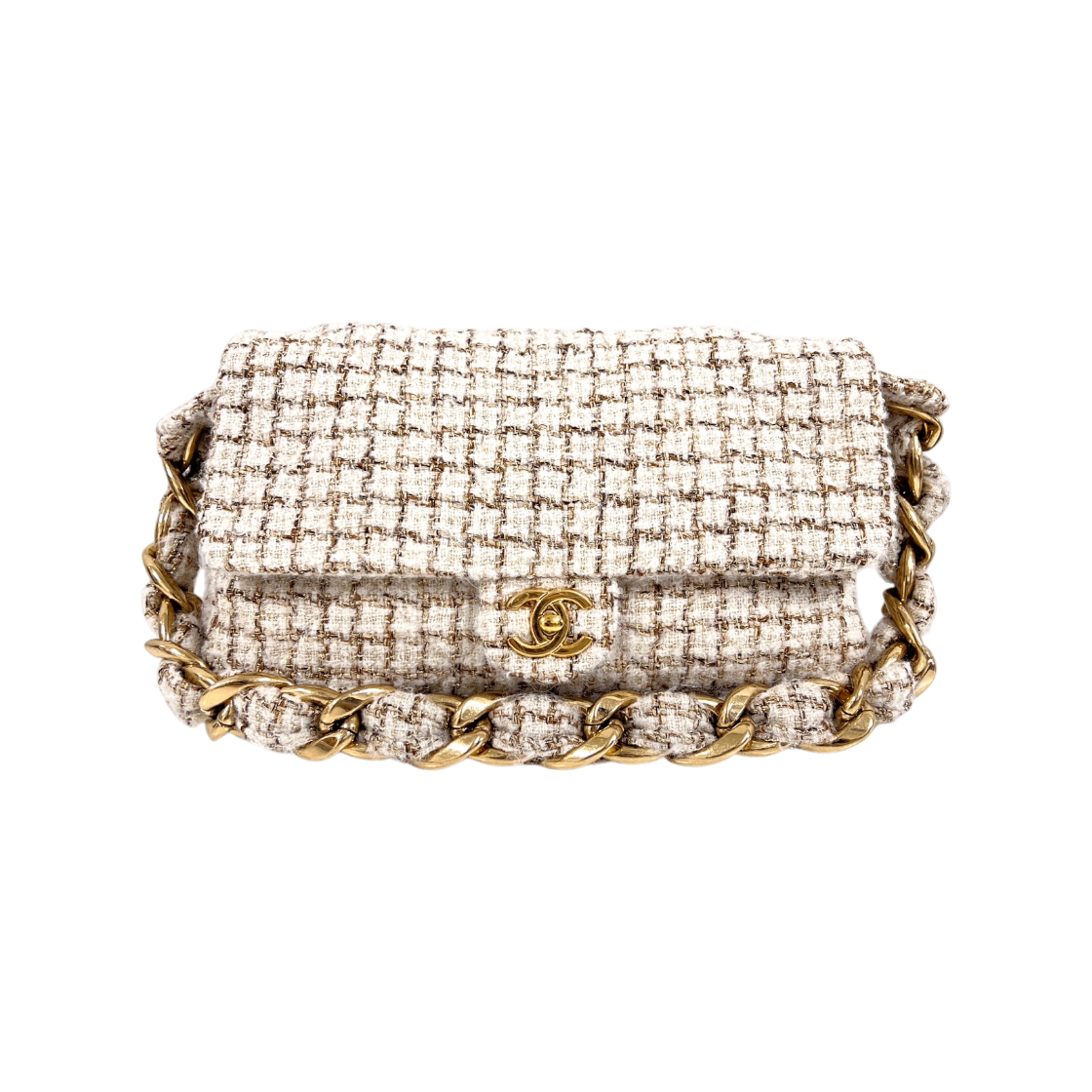 ITI8KUTOFOCD Chanel Tweed Flap Chain Shoulder Bag Beige Gold