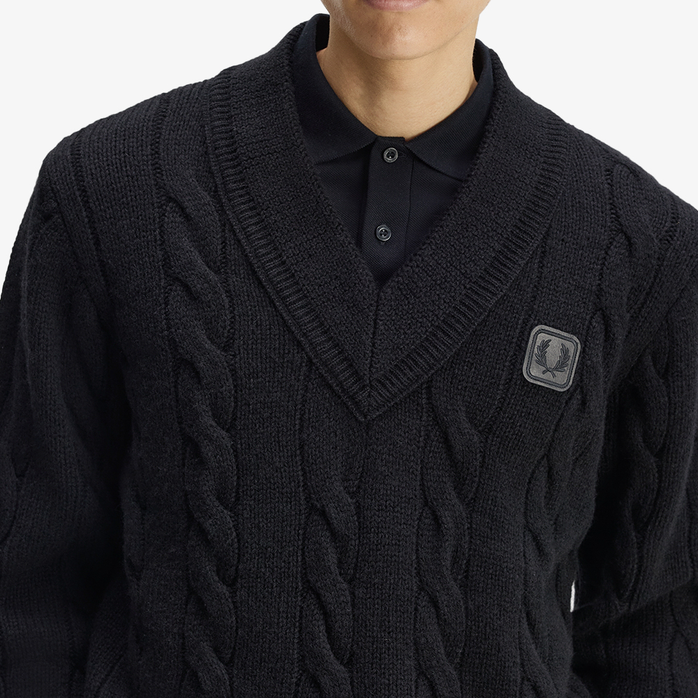 프레드페리 레더 패치 릴렉스드 케이블 니트 스웨터 블랙(Fred Perry Leather Patch Relaxed Cable Knit Sweater Black) - 5