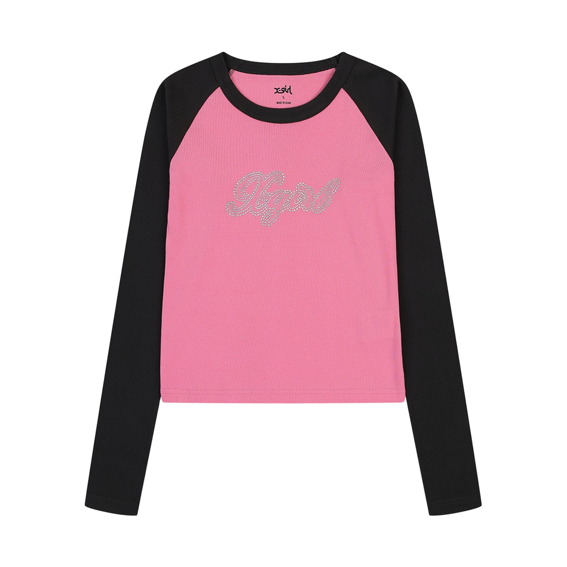 피어 엑스걸 라인스톤 스크립트 로고 롱 슬리브 래글런 베이비 티 핑크(PEER X-girl Rhinestone Script Logo L/S Raglan Baby Tee Pink)