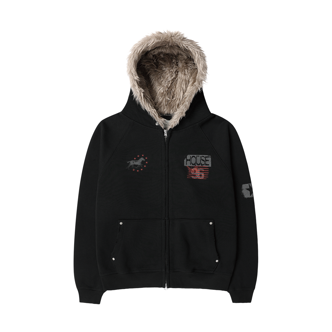 VH2GFUM480ABK Thevinylhouse Rusty Fur Hoodie Zip-Up Black