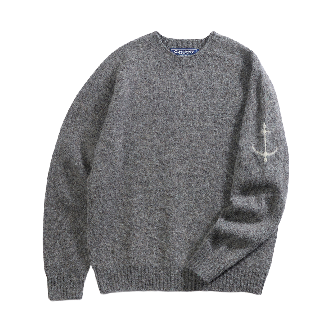 GW2DKN13-gry Guernsey Woollens Shetland Wool Shaggy Dog Wholegarment Sweater Dawn Grey