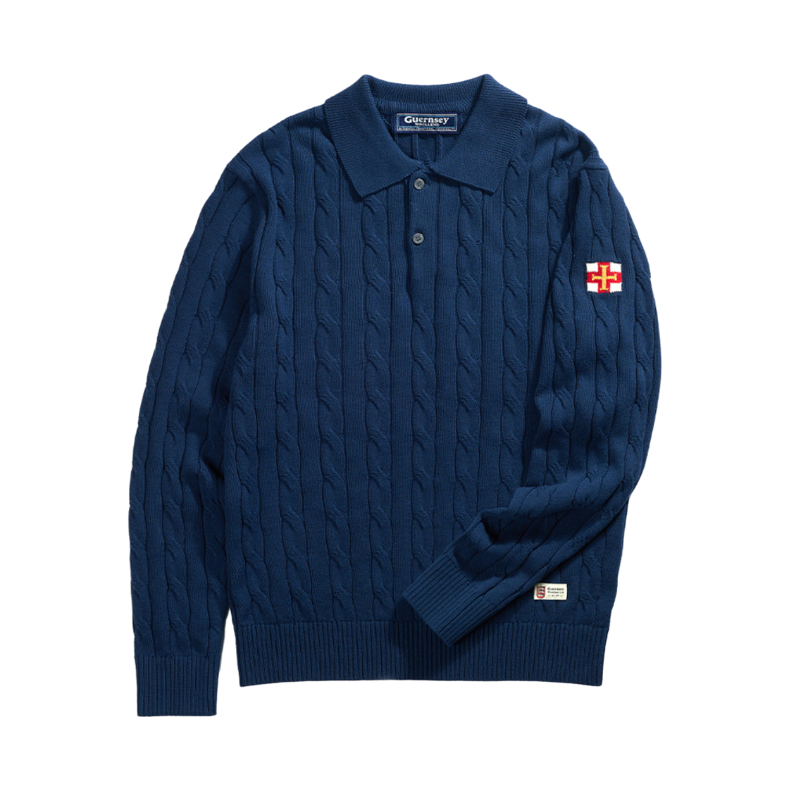 GW26AKN01-NV Guernsey Woollens Cotton Cable Long Sleeve Polo Knit Navy