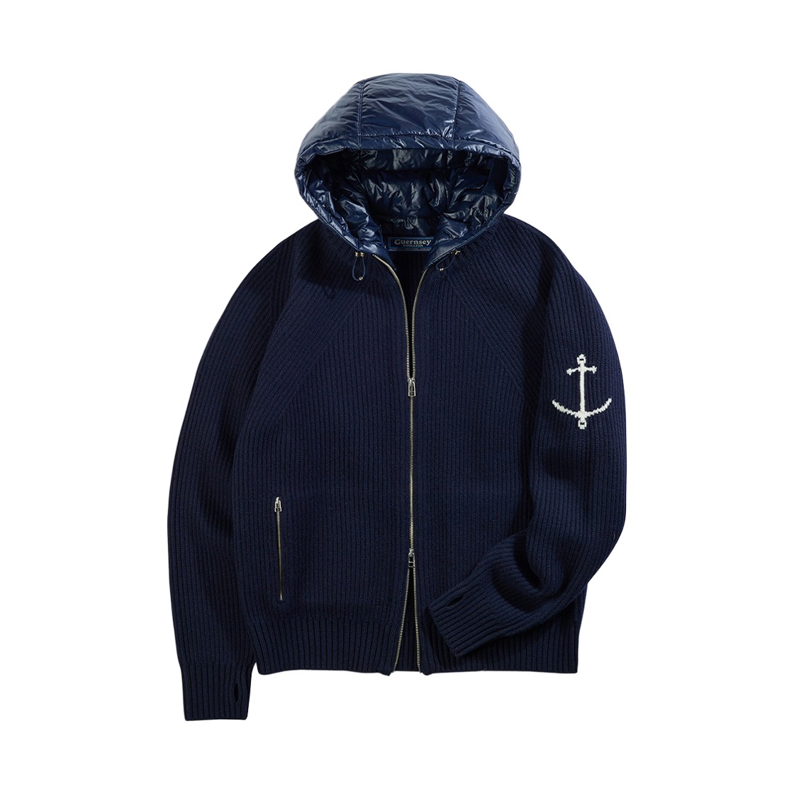 GW2DKN15-nv Guernsey Woollens Detachable Padded Hood Heavy Zip Up Sweater Navy