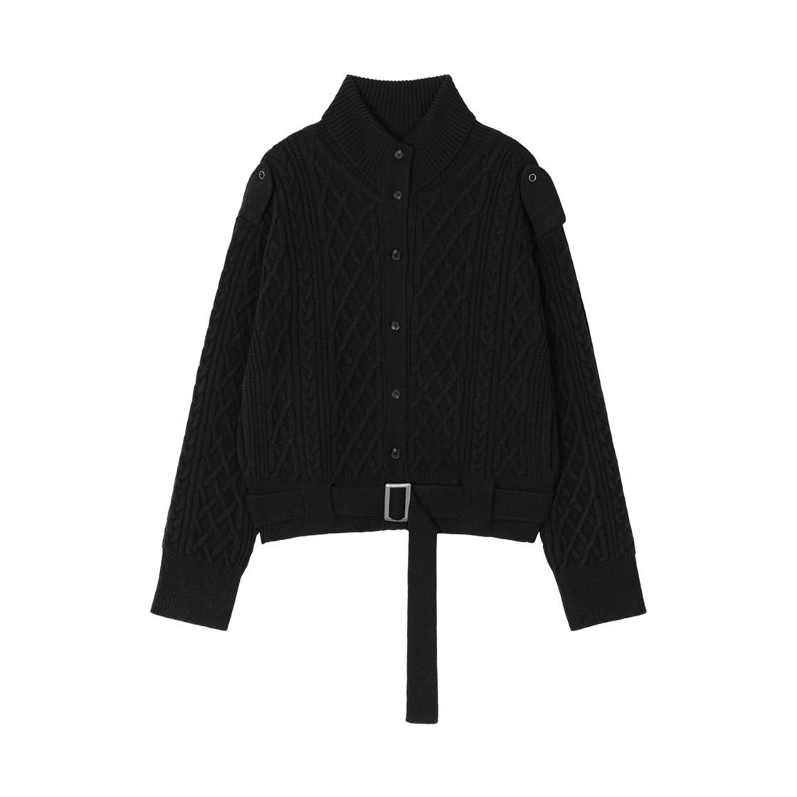 (W) 트리밍버드 벨티드 버튼 피셔맨 니트 자켓 블랙((W) Treemingbird Belted Button Fisherman Knit Jacket Black) - 1