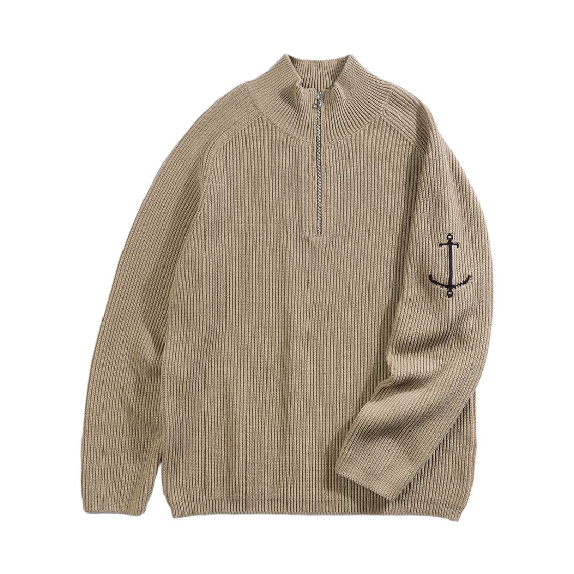 GW2DKN01-kh Guernsey Woollens Cotton British Rib Half Zip Sweater Khaki
