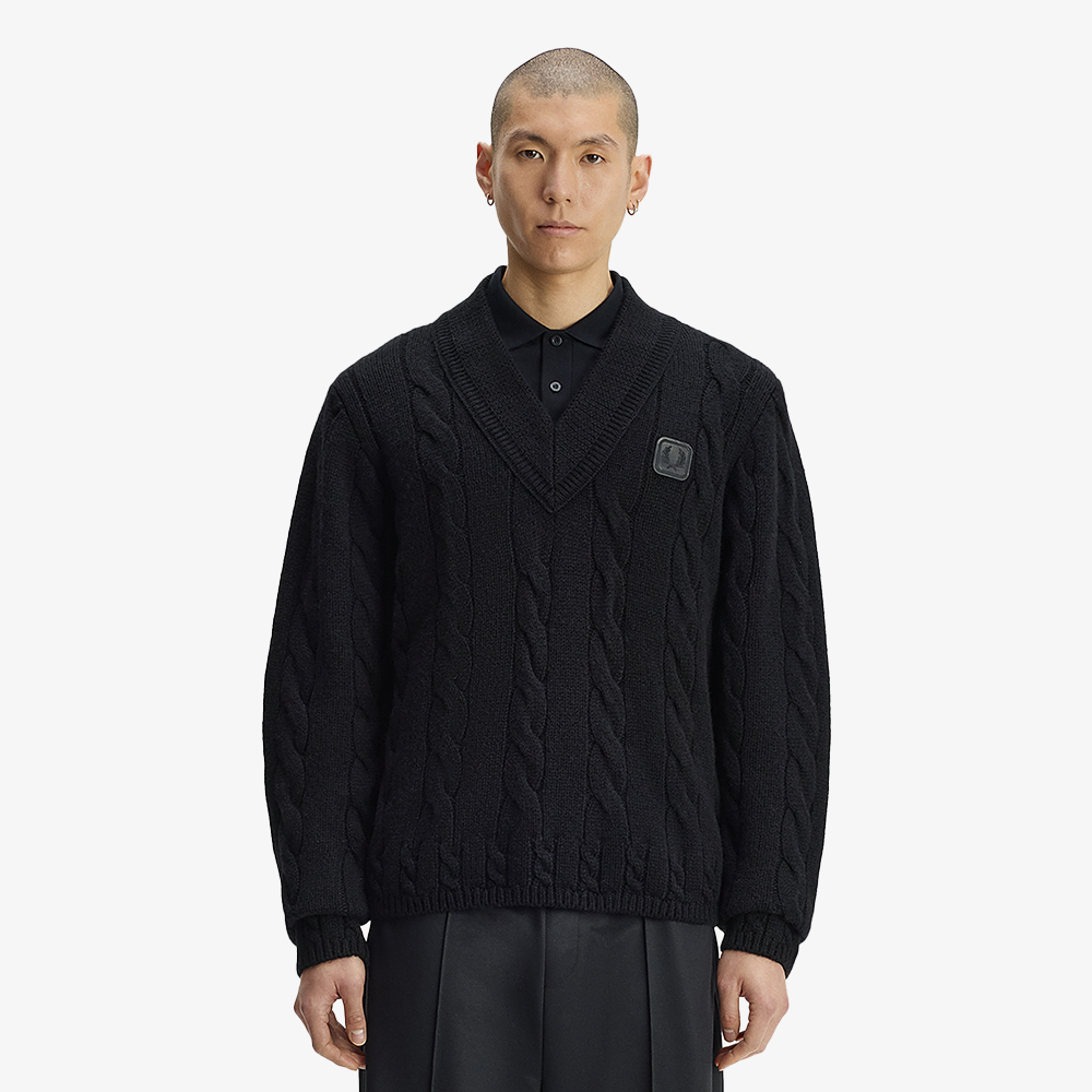 프레드페리 레더 패치 릴렉스드 케이블 니트 스웨터 블랙(Fred Perry Leather Patch Relaxed Cable Knit Sweater Black) - 3
