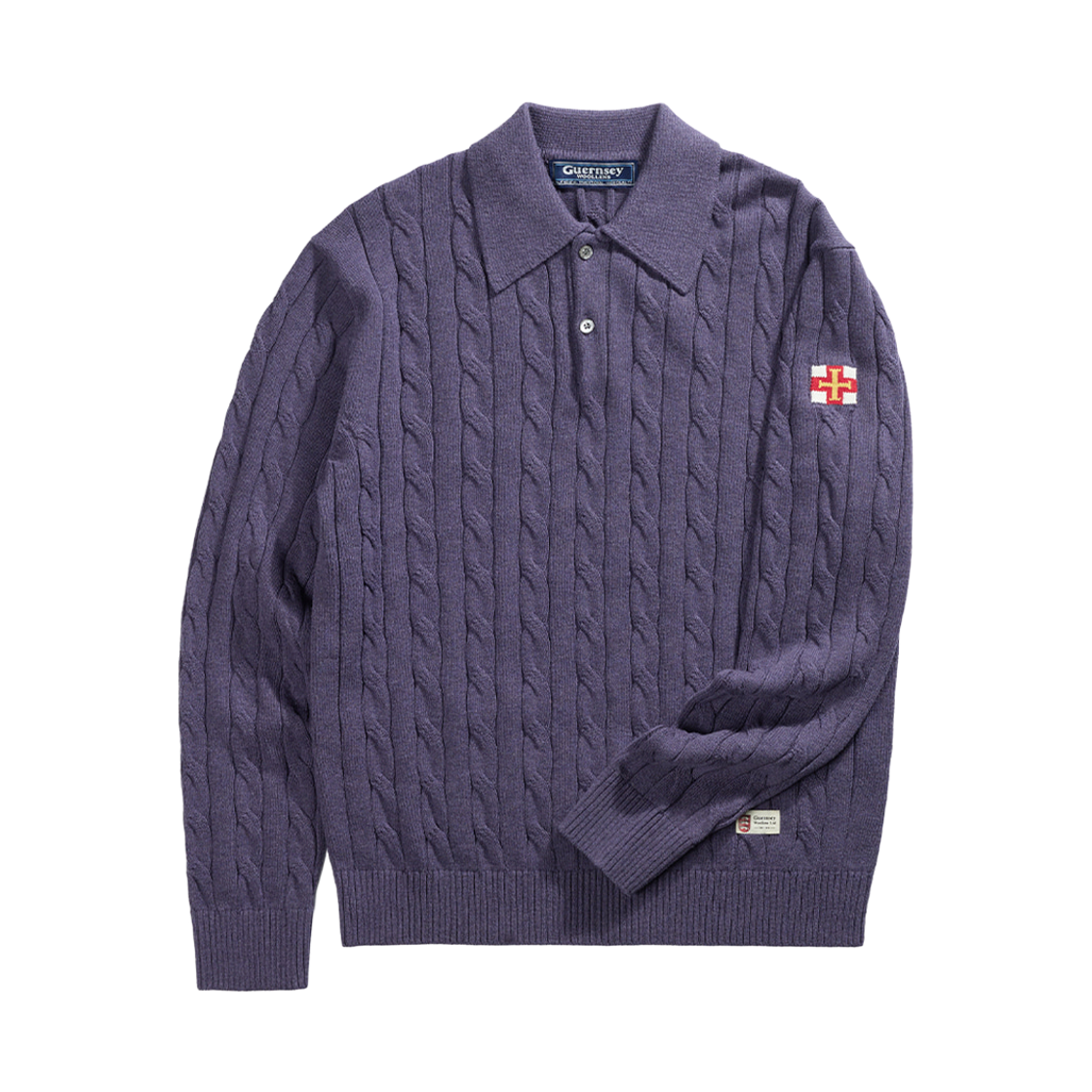 GW26AKN01-LPP Guernsey Woollens Cotton Cable Long Sleeve Polo Knit Light Purple