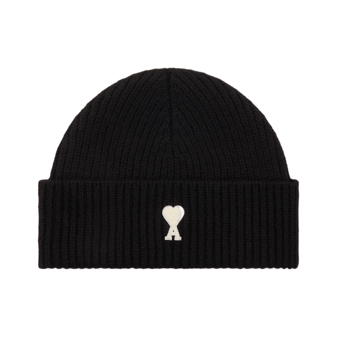 UBO006-018-012 AMI Black Wool Beanie with Ami De Coeur Black Off White