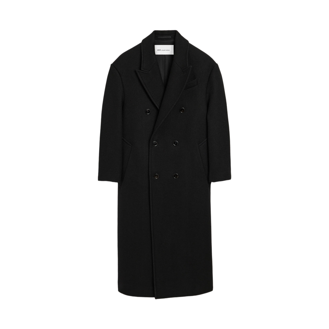 HCO458-WV0078-001 AMI Long Black Double Breasted Wool Coat Black