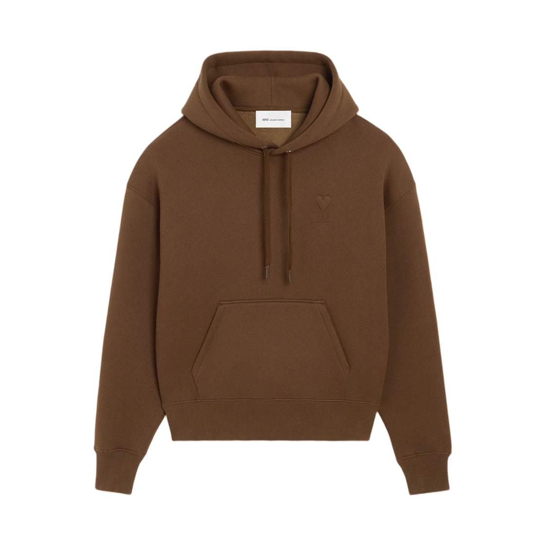 USW756-749-2221 AMI Brown Cotton Hoodie with Embossed Ami De Coeur Tone-On-Tone Chocolate Brown