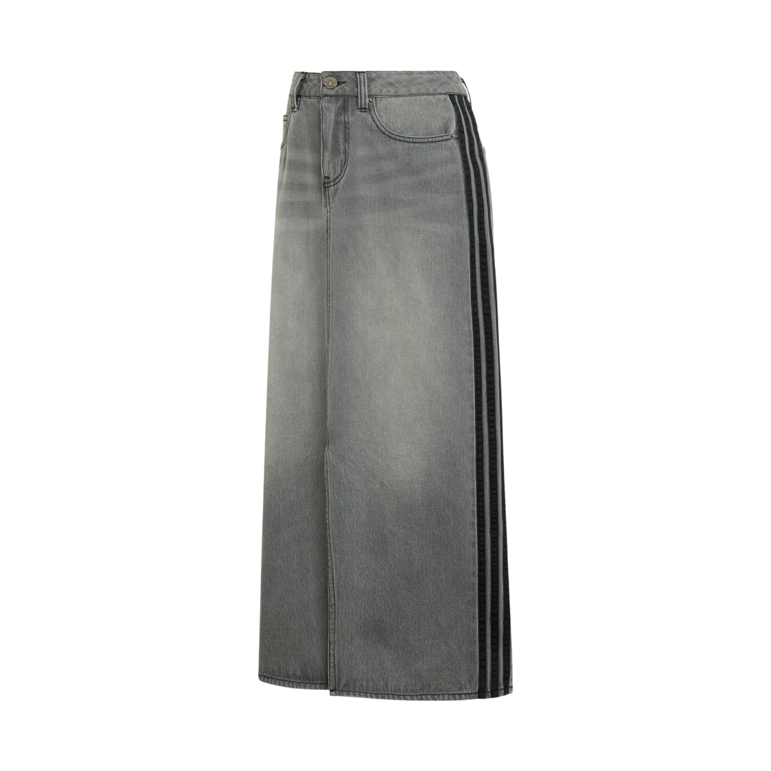 (W) 아디다스 오리지널스 삼선 펜슬 데님 스커트 워시드 그레이 데님 - KR 사이즈((W) Adidas Originals 3-Stripes Pencil Denim Skirt Washed Grey Denim - KR Sizing)