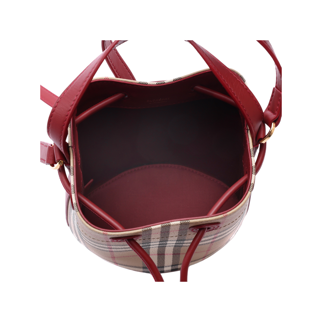 [15% 쿠폰] 버버리 미니 체크 버킷백 아카이브 베이지 루비 레드([15% 쿠폰] Burberry Mini Check Bucket Bag Archive Beige Ruby Red) - 6
