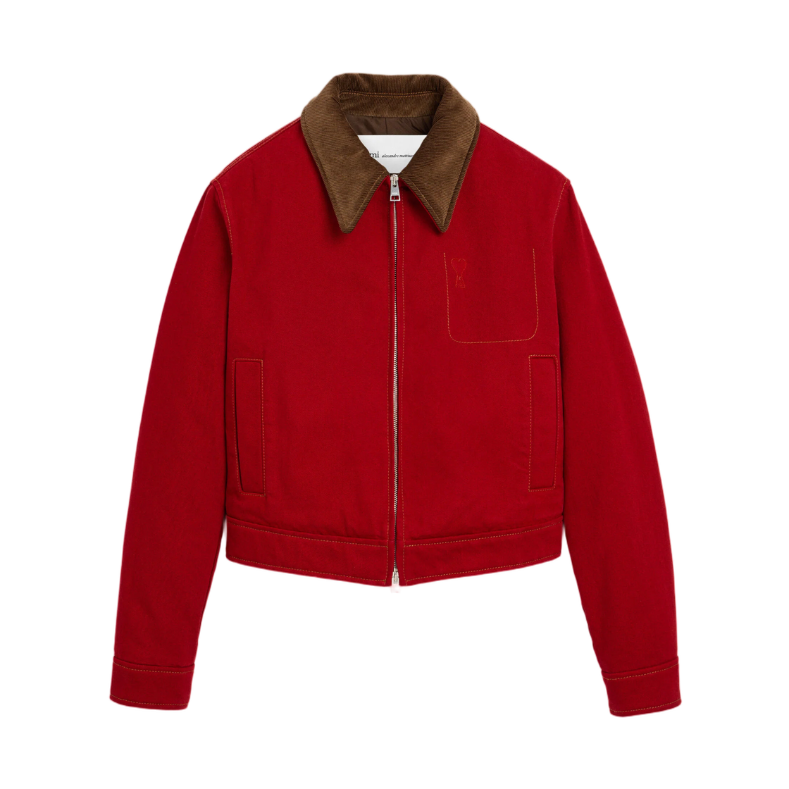 FJK920-DE0132-A186 (W) AMI Red Cotton Zipped Jacket with Ami De Coeur Tone-On-Tone Ruby Red