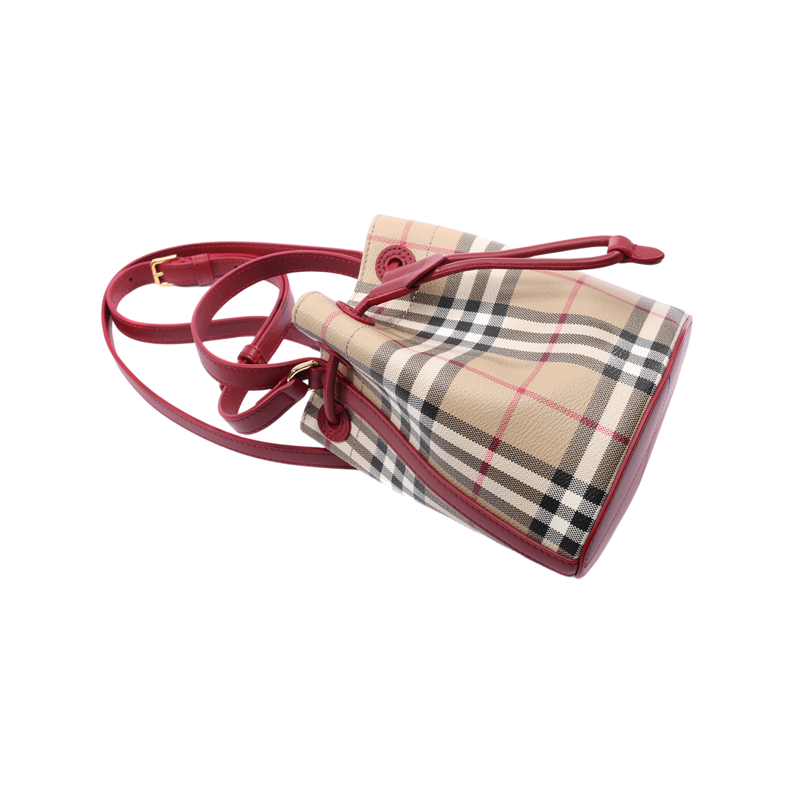 [15% 쿠폰] 버버리 미니 체크 버킷백 아카이브 베이지 루비 레드([15% 쿠폰] Burberry Mini Check Bucket Bag Archive Beige Ruby Red) - 5