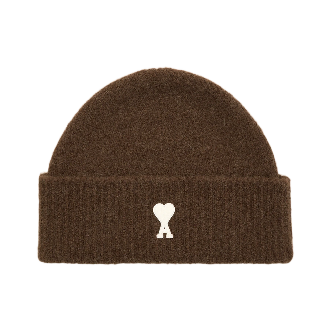 UBO005-KN0135-A362 AMI Brown Alpaca Beanie with Ami De Coeur Chocolate Brown Ecru