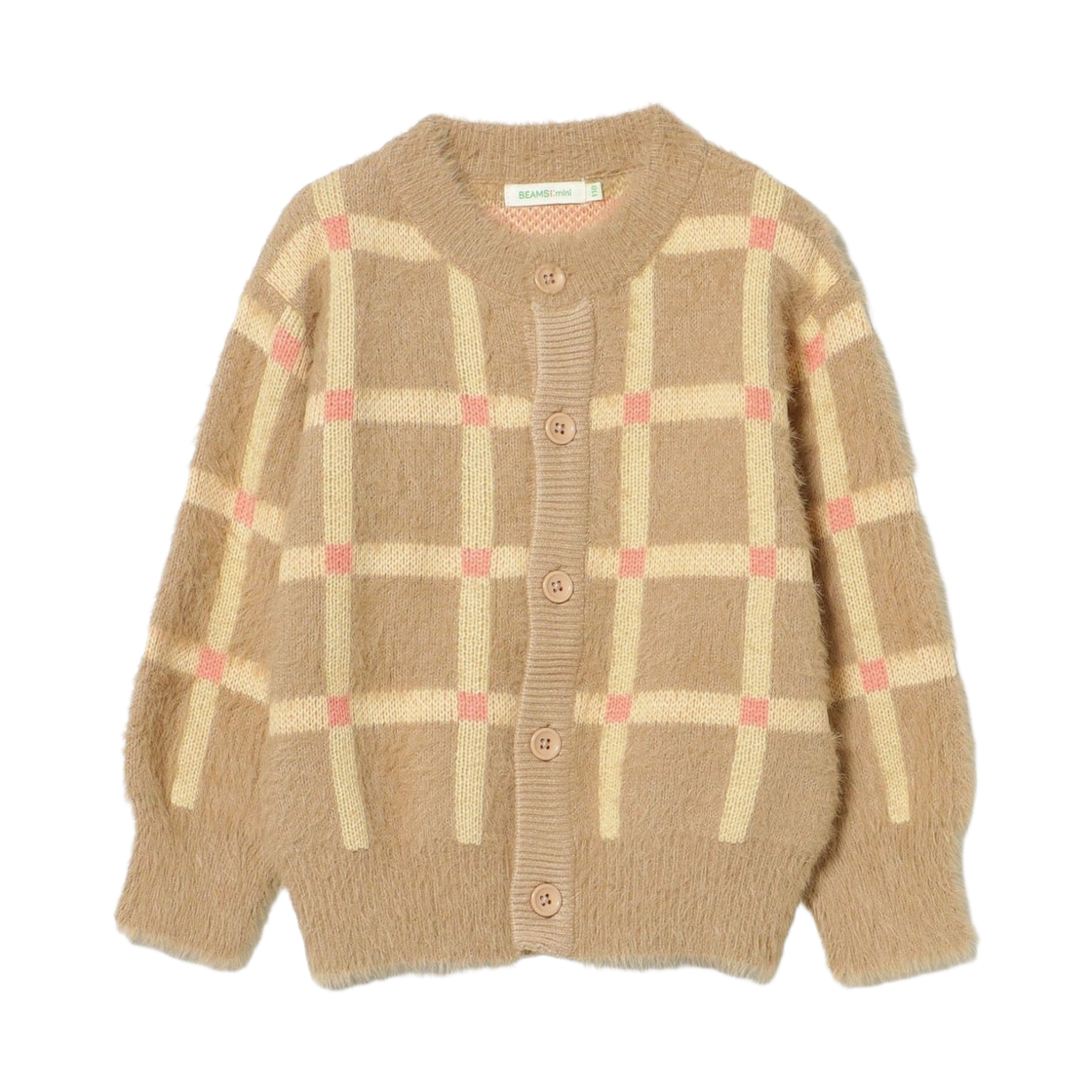 45-15-0045-829 (Kids) Beams Mini Check Shaggy Cardigan Beige