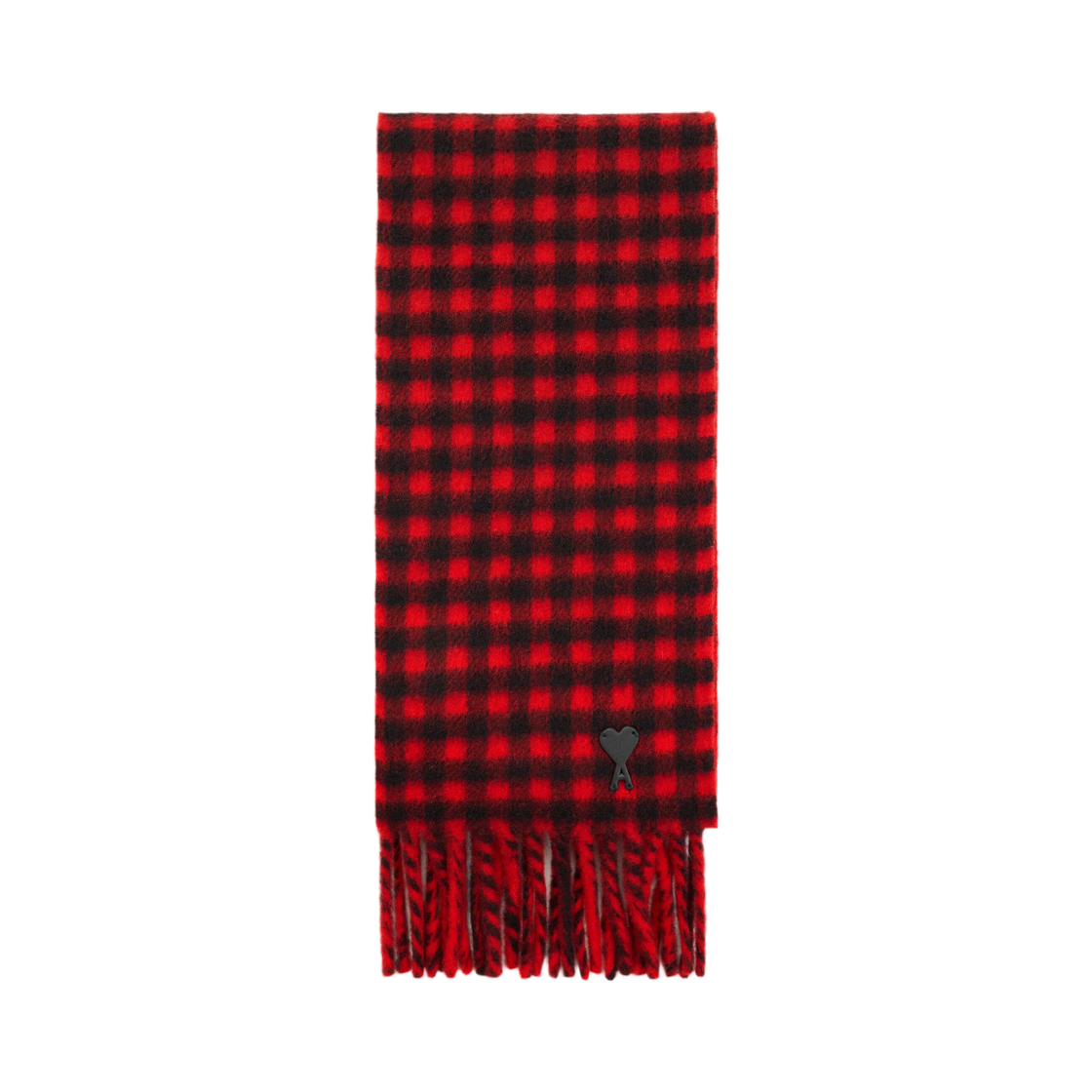 USF699-AW0059-A252 AMI Red Checkered Wool Scarf with Ami De Coeur Ruby Red Black