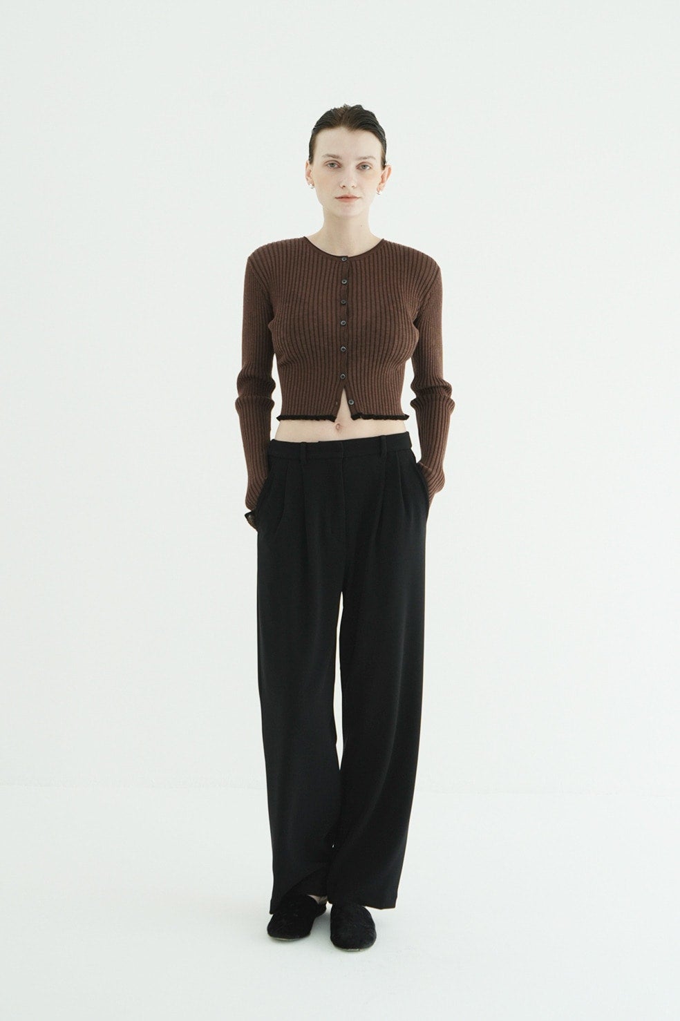 클라네 립 스트라이프 턱 팬츠(CLANE Rib Stripe Tuck Pants) - 6
