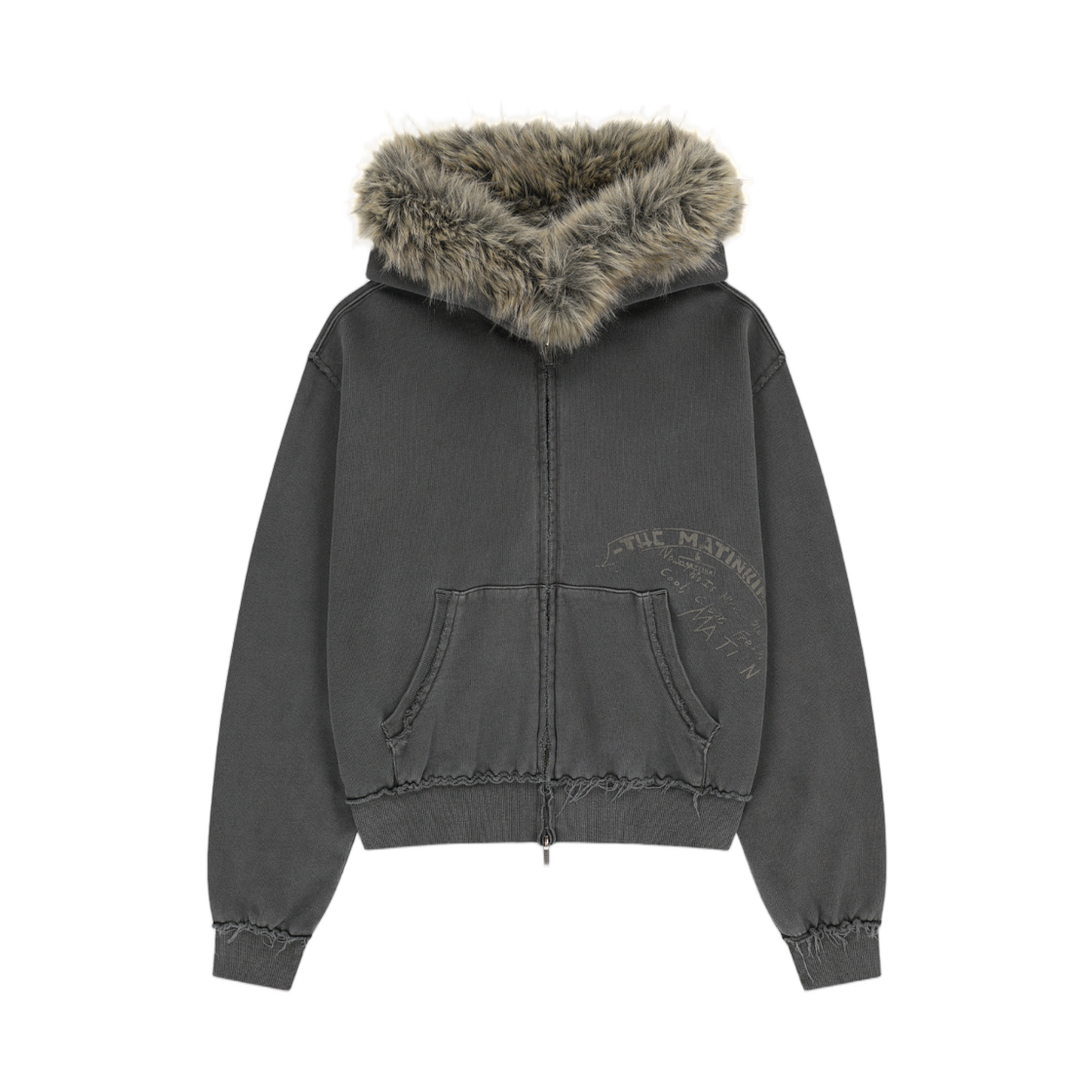 MK269OJP034MCH (W) Matin Kim Vintage Graffiti Fur Trim Hoody Zip Up In Charcoal