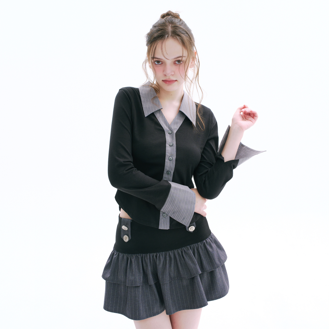 아크메서드 셔츠 레이어드 가디건 - 그레이(ARCMETHOD Shirt Layered Cardigan - Gray) - 2