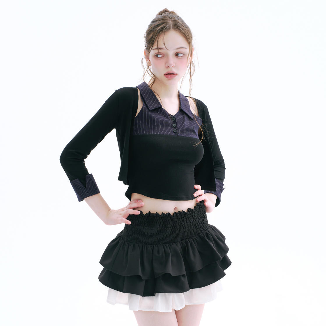 아크메서드 레이어드 슬리브리스 탑 앤 볼레로 세트 - 네이비(ARCMETHOD Layered Sleeveless Top & Bolero Set - Navy) - 2
