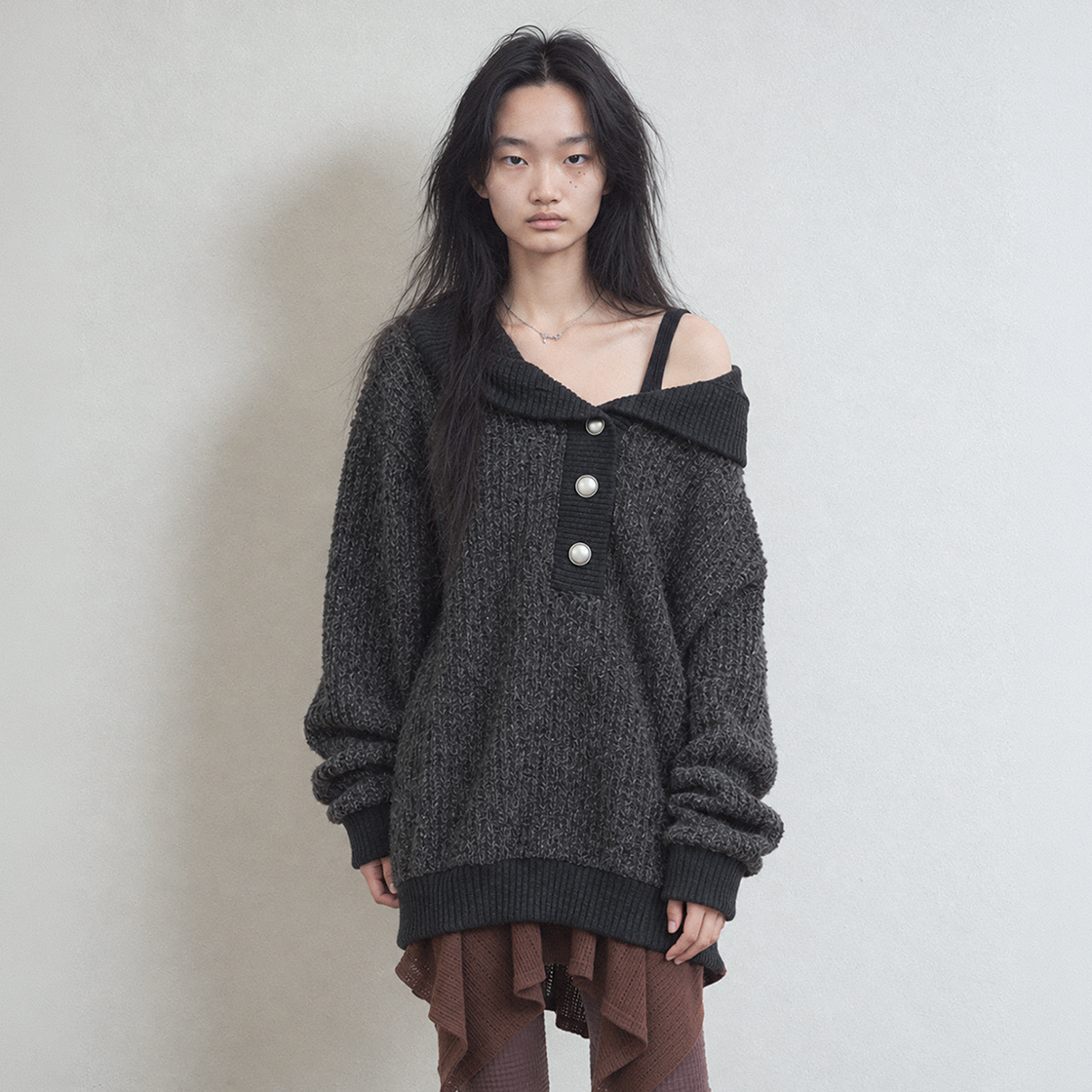 솜속 무어 버튼업 니트 후디 차콜(SOMSOC Mure Button-Up Knit Hoodie Charcoal) - 3
