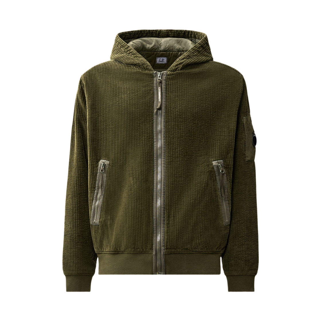 21CMSS221A110472G683 C.P. Company 350 Corduroy Hooded Lens Padded Sweatshirt Ivy Green - 26FW
