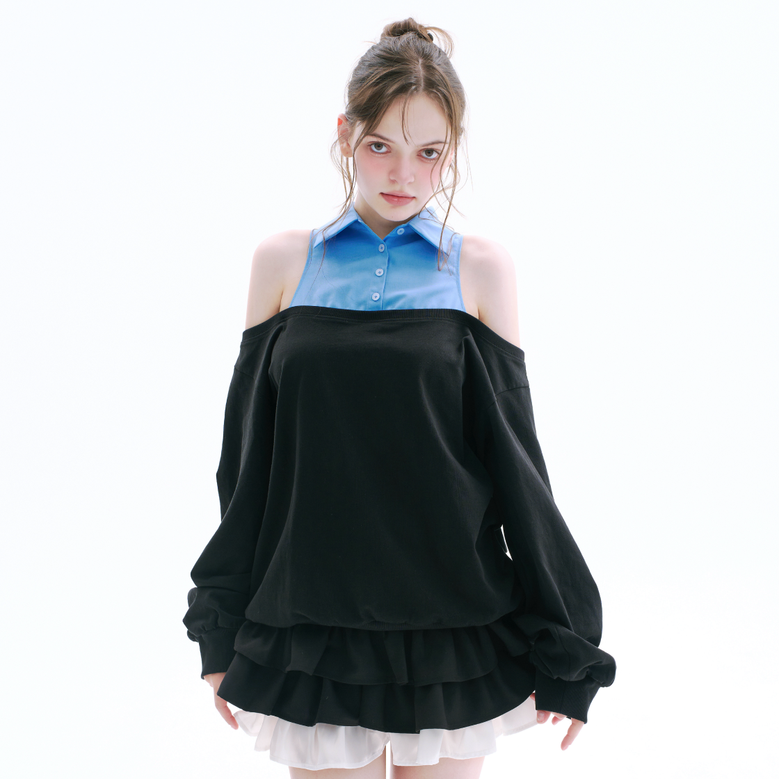 아크메서드 레이어드 오프숄더 스웻셔츠 - 블루(ARCMETHOD Layered Off Shoulder Sweatshirt - Blue) - 2