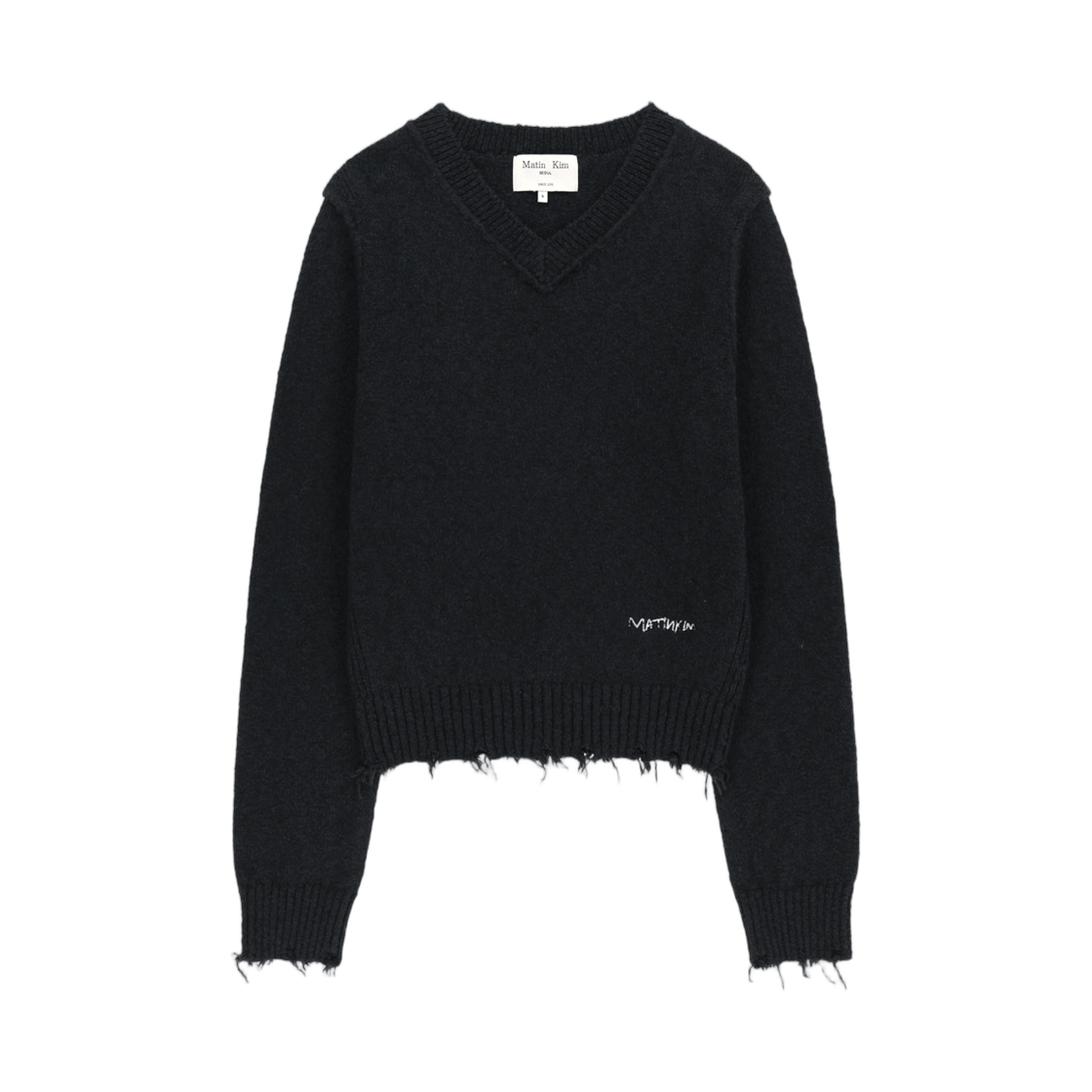 MK269OPO039MDV (W) Matin Kim Distressed Hem V-Neck Knit Pullover In Dark Navy