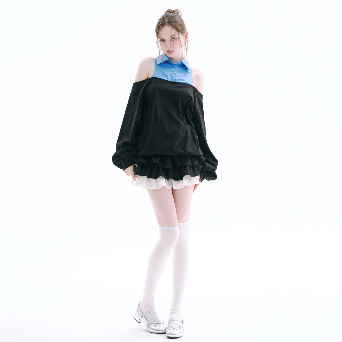 아크메서드 레이어드 오프숄더 스웻셔츠 - 블루(ARCMETHOD Layered Off Shoulder Sweatshirt - Blue) - 4