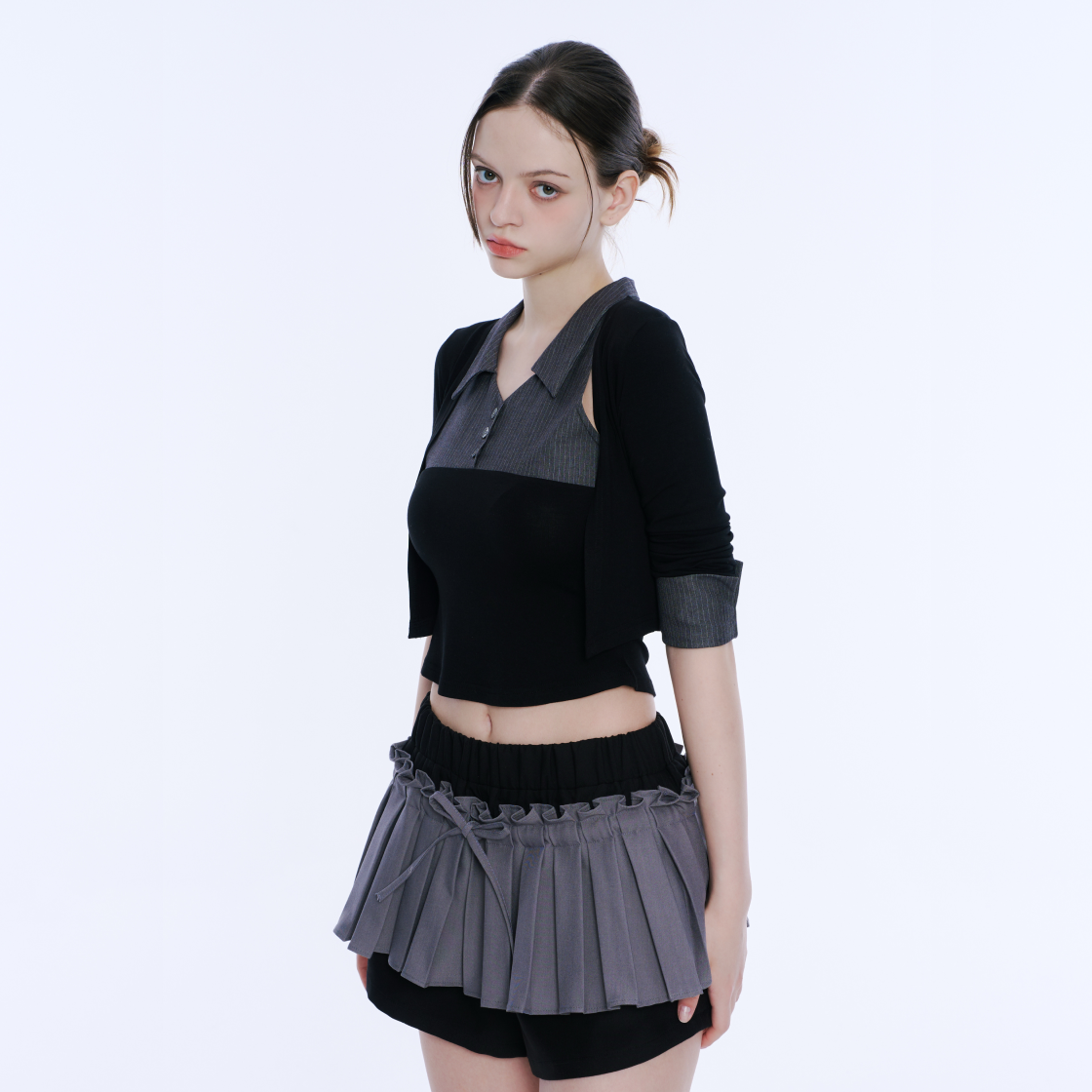 아크메서드 레이어드 슬리브리스 탑 앤 볼레로 세트 - 블랙 앤 그레이(ARCMETHOD Layered Sleeveless Top & Bolero Set - Black & Grey) - 6
