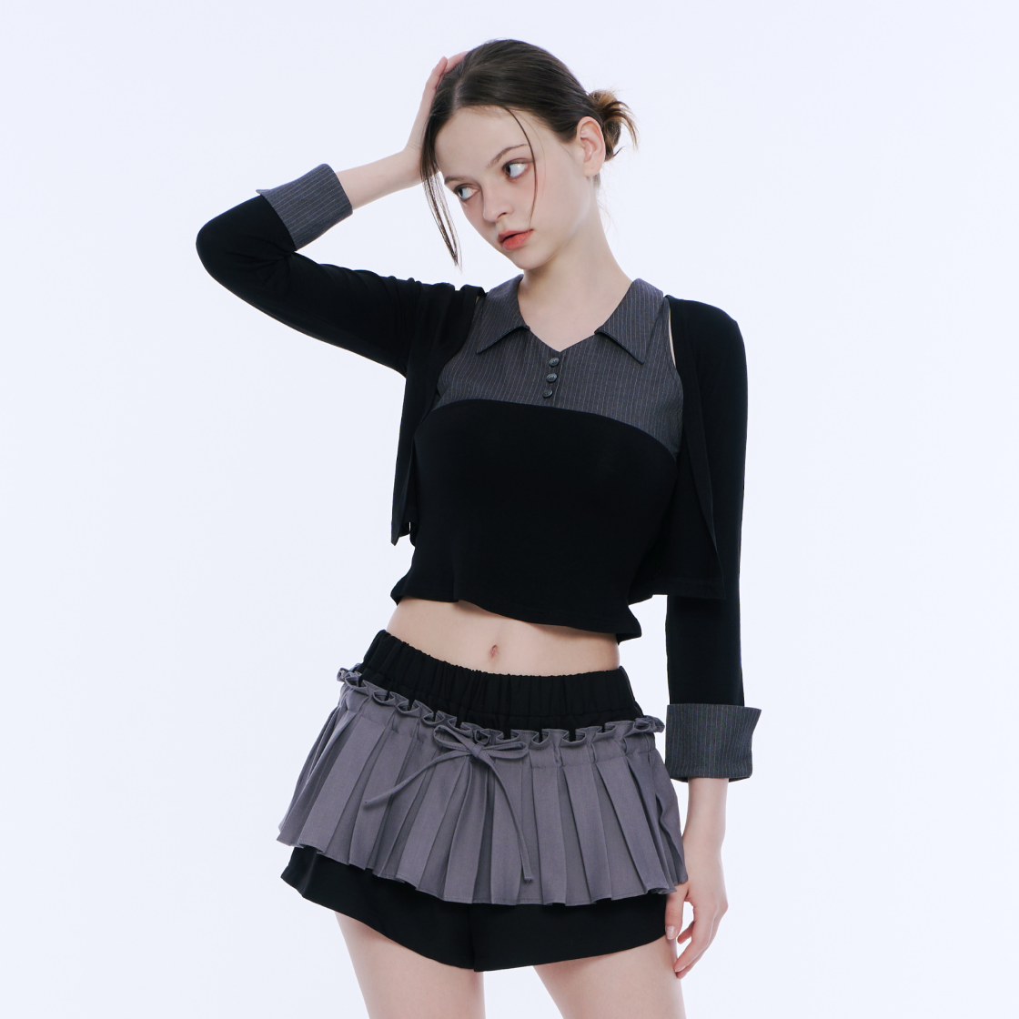 아크메서드 레이어드 슬리브리스 탑 앤 볼레로 세트 - 블랙 앤 그레이(ARCMETHOD Layered Sleeveless Top & Bolero Set - Black & Grey) - 3
