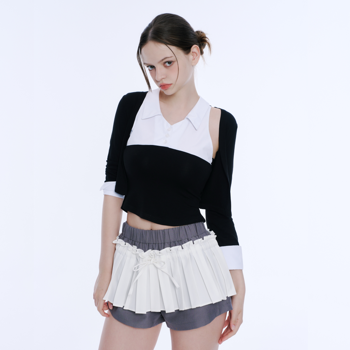 아크메서드 레이어드 슬리브리스 탑 앤 볼레로 세트 - 블랙 앤 화이트(ARCMETHOD Layered Sleeveless Top & Bolero Set - Black & White) - 4