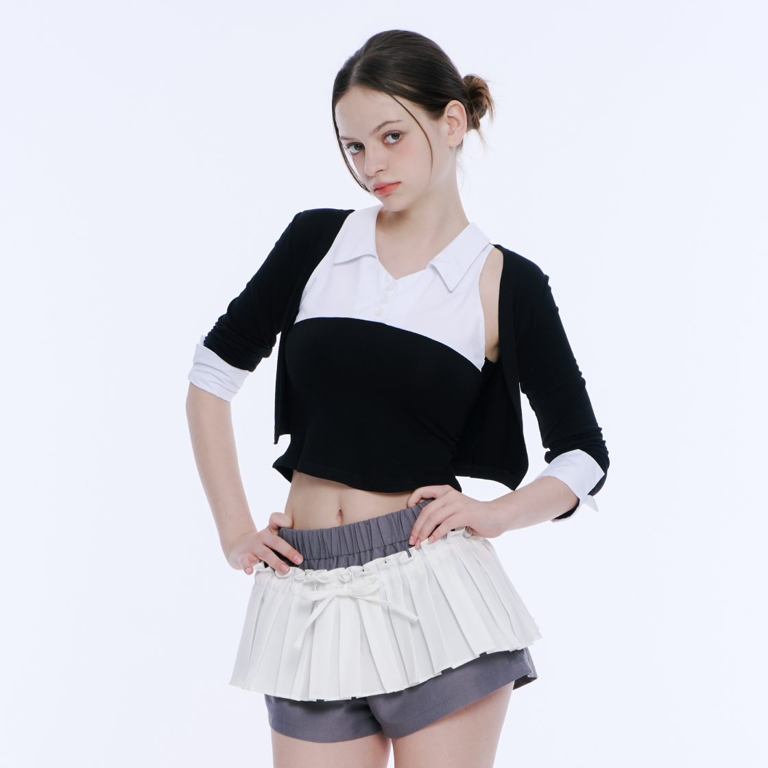 아크메서드 레이어드 슬리브리스 탑 앤 볼레로 세트 - 블랙 앤 화이트(ARCMETHOD Layered Sleeveless Top & Bolero Set - Black & White) - 2