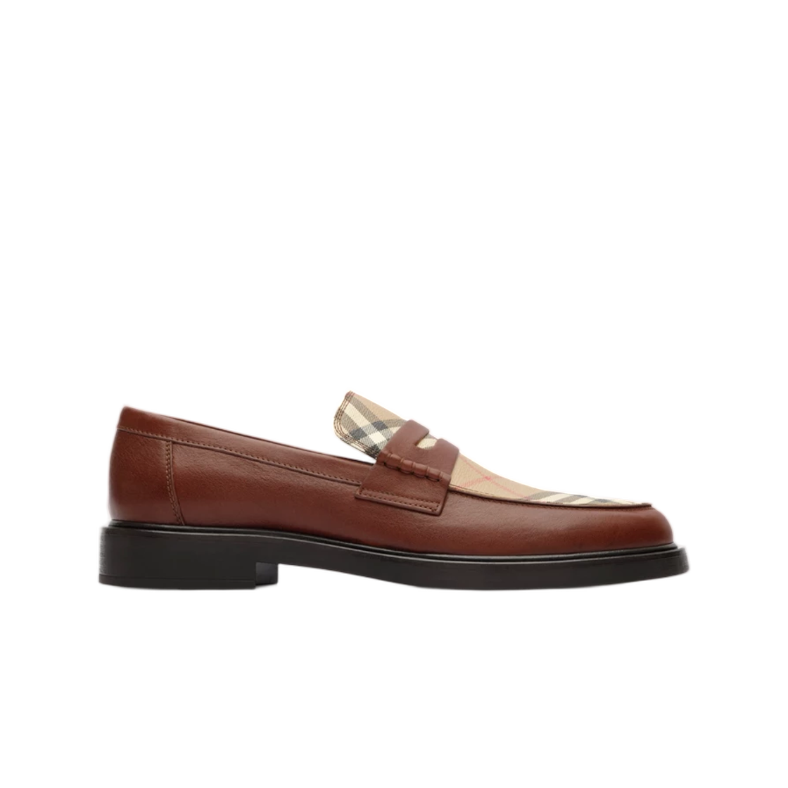 8131383 Burberry Check and Leather Pembroke Loafers Tobacco Brown Archive Beige