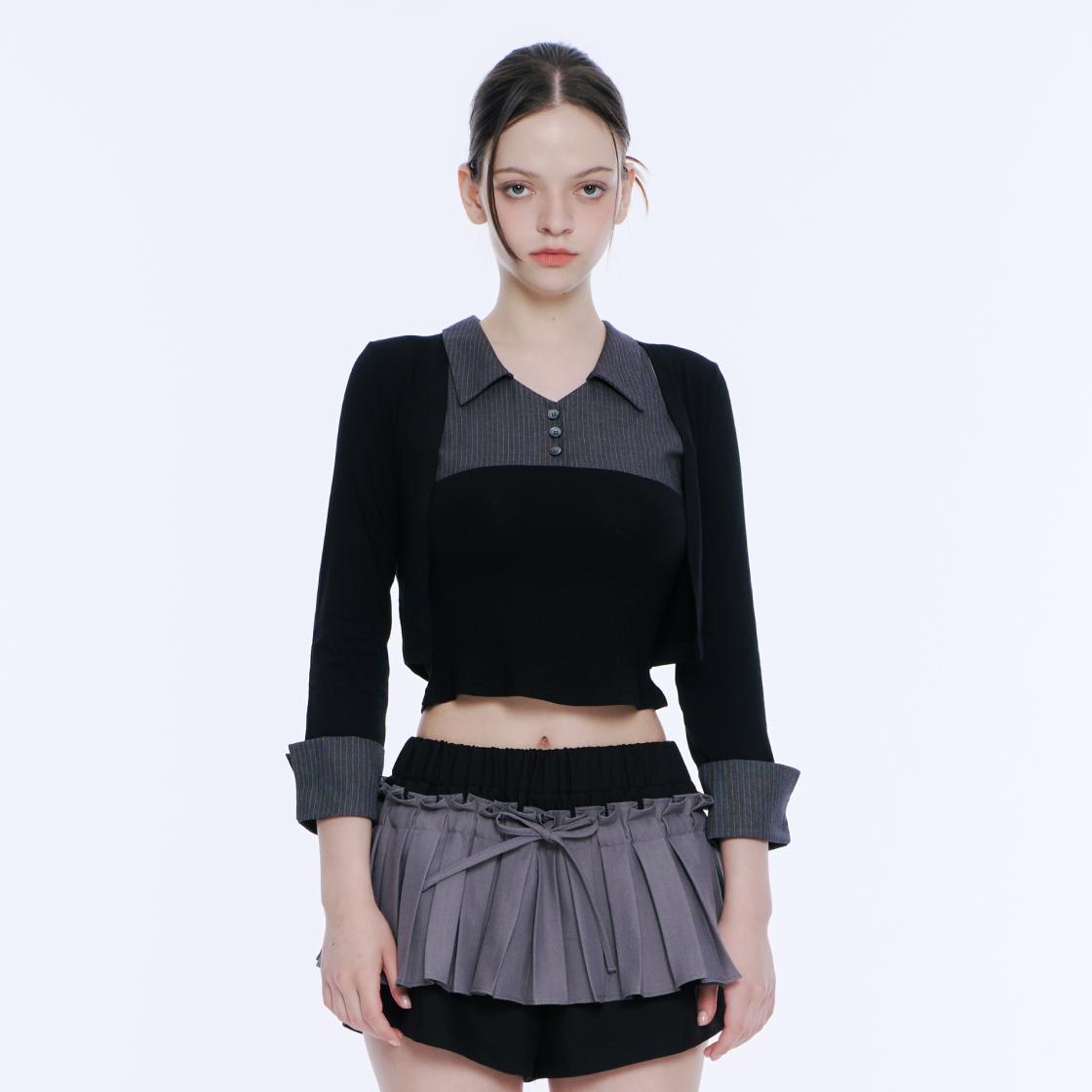 아크메서드 레이어드 슬리브리스 탑 앤 볼레로 세트 - 블랙 앤 그레이(ARCMETHOD Layered Sleeveless Top & Bolero Set - Black & Grey) - 5