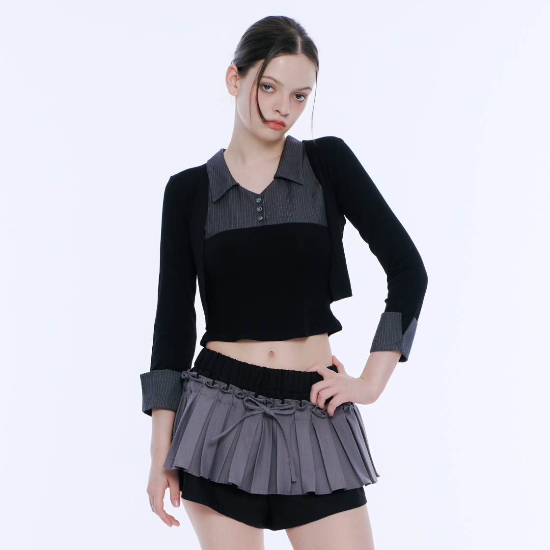 아크메서드 레이어드 슬리브리스 탑 앤 볼레로 세트 - 블랙 앤 그레이(ARCMETHOD Layered Sleeveless Top & Bolero Set - Black & Grey) - 2