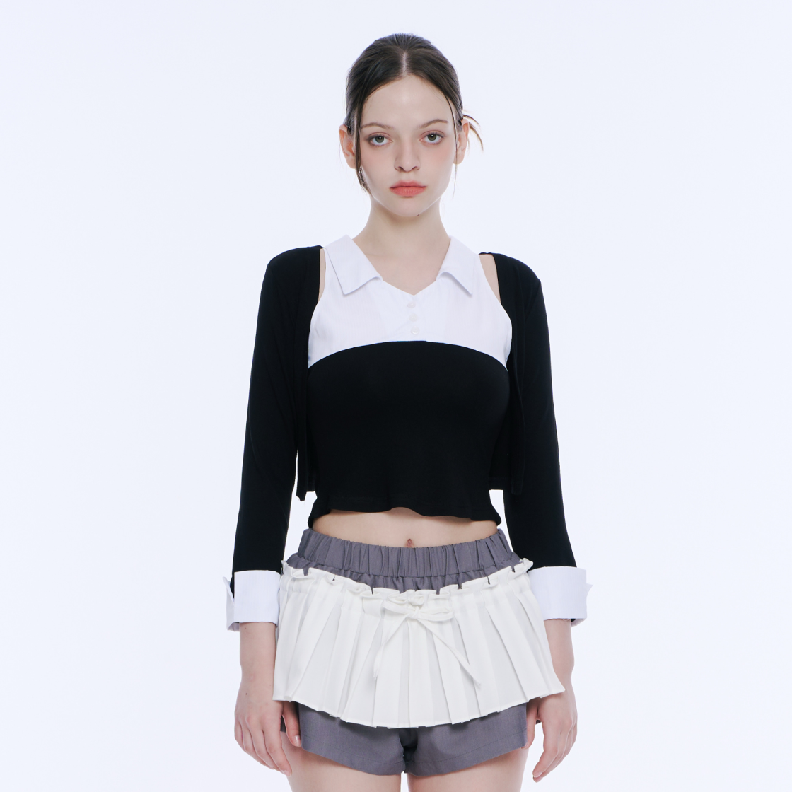 아크메서드 레이어드 슬리브리스 탑 앤 볼레로 세트 - 블랙 앤 화이트(ARCMETHOD Layered Sleeveless Top & Bolero Set - Black & White) - 3