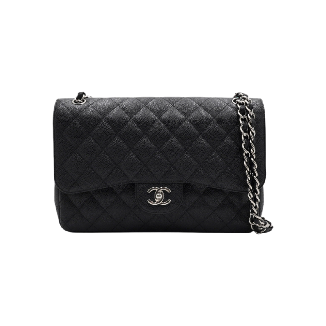 IT7WSGJUNRGJ Chanel Black Caviar Classic Large Silver Chain Shoulder Bag