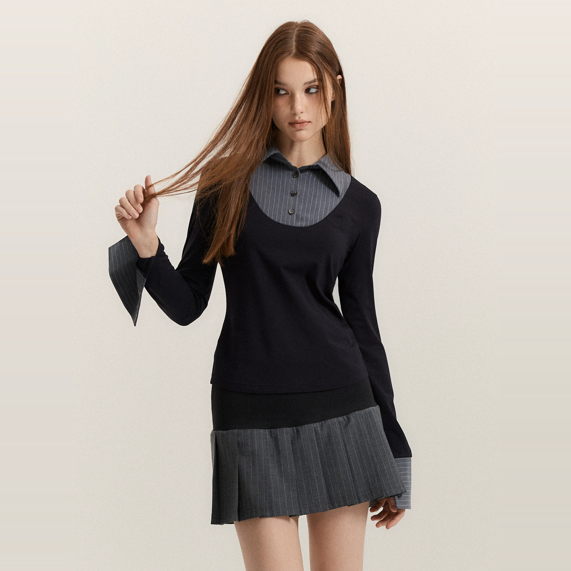 아크메서드 모노 셔츠 레이어드 탑_블랙 + 그레이 스트라이프(ARCMETHOD Mono Shirt-Layered Top - Black + Grey Stripe) - 2