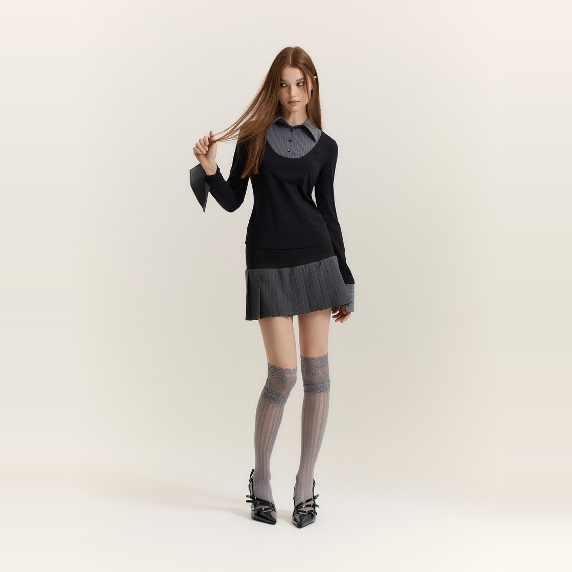 아크메서드 모노 셔츠 레이어드 탑_블랙 + 그레이 스트라이프(ARCMETHOD Mono Shirt-Layered Top - Black + Grey Stripe) - 6
