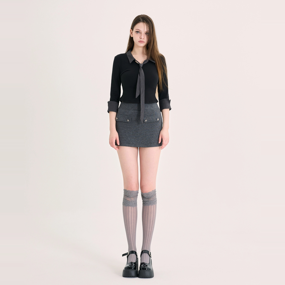 아크메서드 레이어드 타이 셔츠 - 그레이(ARCMETHOD Layered Tie Shirt - Grey) - 3