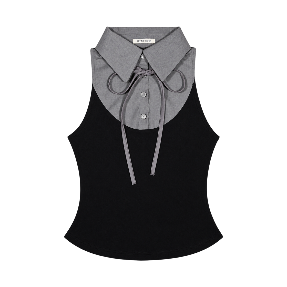아크메서드 레이어드 리본 카라 슬리브리스 티 - 그레이(ARCMETHOD Layered Ribbon Collar Sleeveless Tee - Grey)