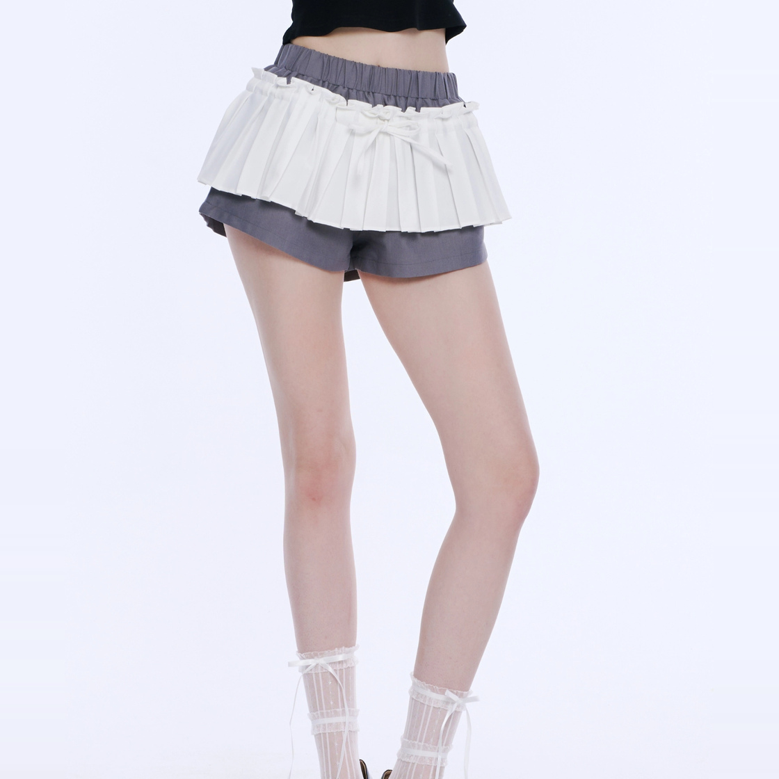 아크메서드 프릴 플리츠 스커트 팬츠 - 화이트 & 그레이(ARCMETHOD Frill Pleated Skirt Pants - White & Grey) - 3