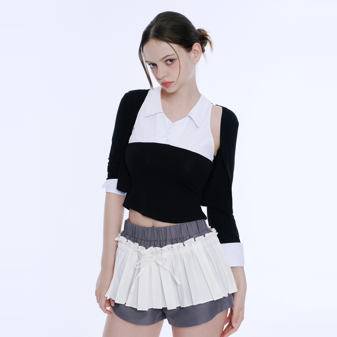 아크메서드 프릴 플리츠 스커트 팬츠 - 화이트 & 그레이(ARCMETHOD Frill Pleated Skirt Pants - White & Grey) - 6