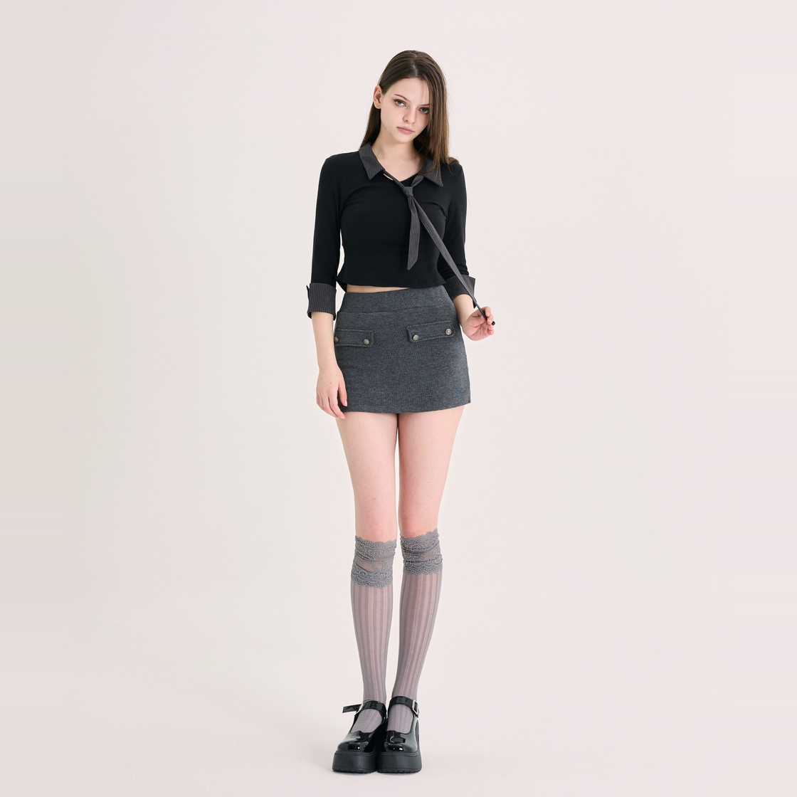 아크메서드 레이어드 타이 셔츠 - 그레이(ARCMETHOD Layered Tie Shirt - Grey) - 5